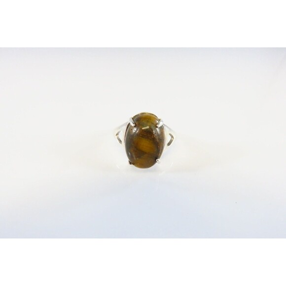 Sterling Tigers Eye Solitaire Ring Oval Cabochon Prong Set Sz 5 1/2 - Picture 1 of 7
